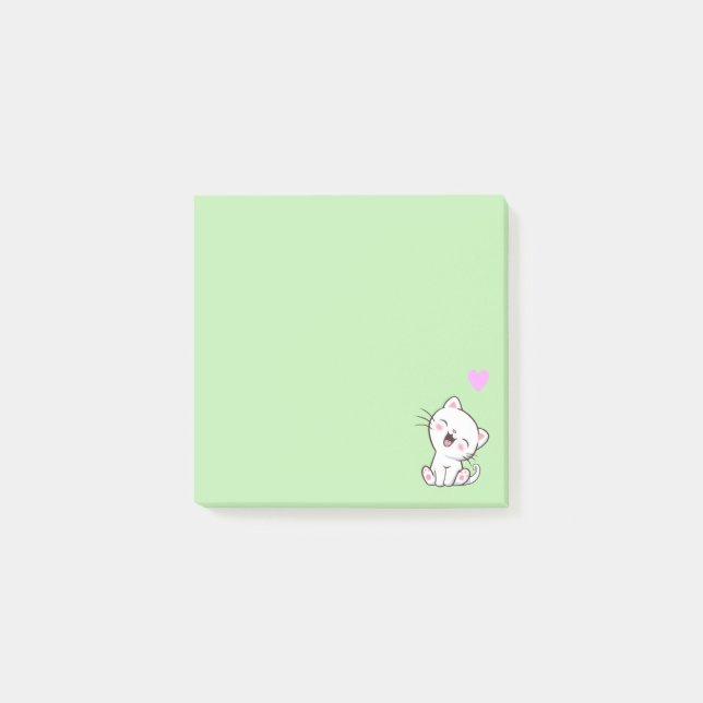 Post-it® Chat mignon et coeur sur vert clair (Devant)