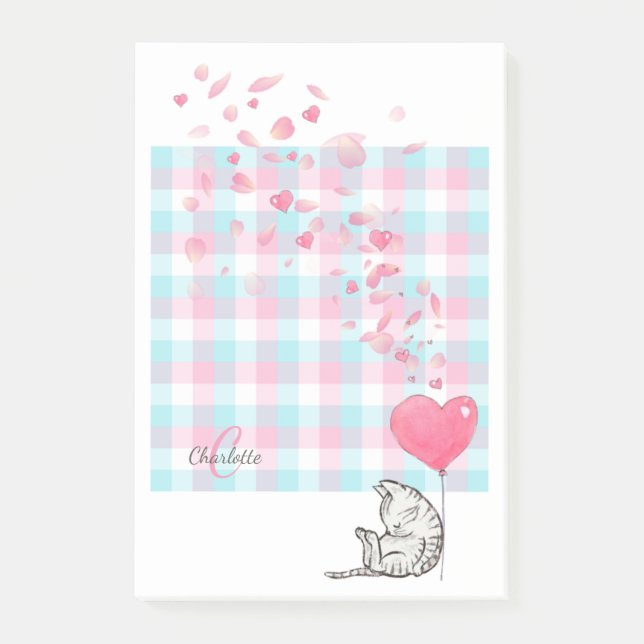 Post-it® Chat mignon Monogramme bleu rose (Devant)