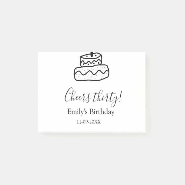 Post-it® Cheers thirty birthday cake black scribble hand (Devant)