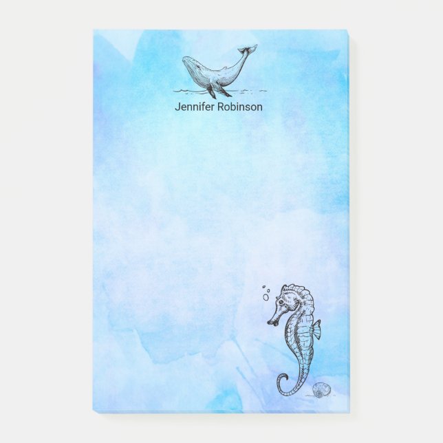 Post-it® Cheval de mer, baleine et coquillage sur l'aquarel (Devant)