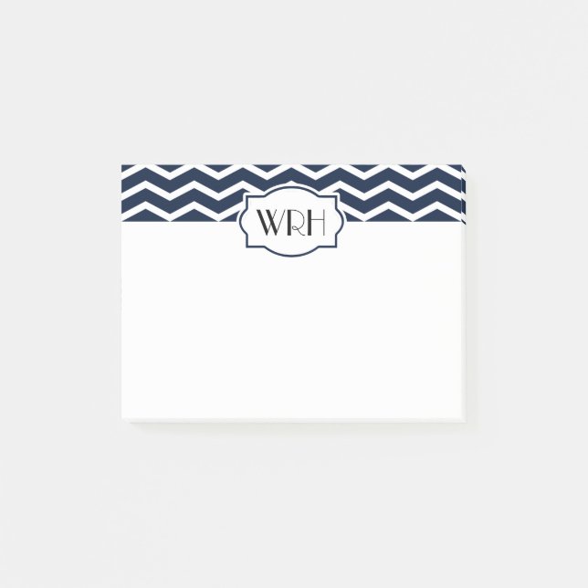 Post-it® Chevron blanc bleu de la marine à motifs monogramm (Devant)