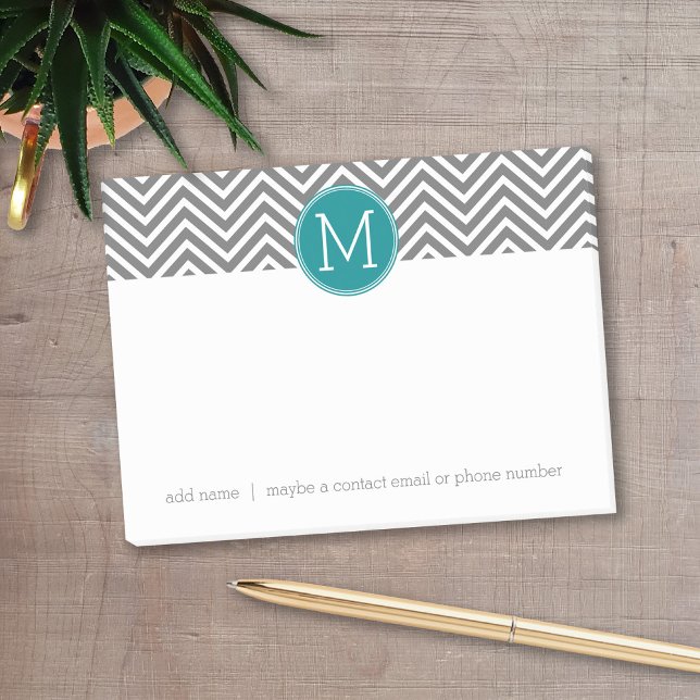 Post-it® Chevrons Turquoise et Charbon Monogramme personnal (Personalized post-it notes with a monogram and contact information - low quantity available)
