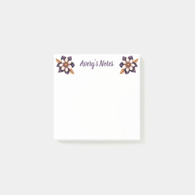 Post-it® Chic Purple Faux Gold Nom Floral (Devant)