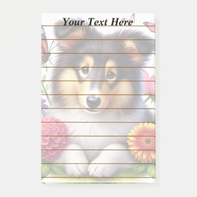 Post-it® Chien-mouton Shetland avec fleurs et papillons (Devant)