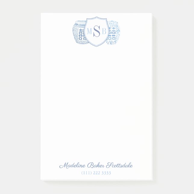 Post-it® Chinoiserie Chic Dames Bleu Et Blanc Monogramme (Devant)
