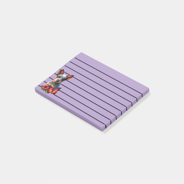 Post-it® Chiot de Heeler mignon avec Papillon et Fleur (Incliné)