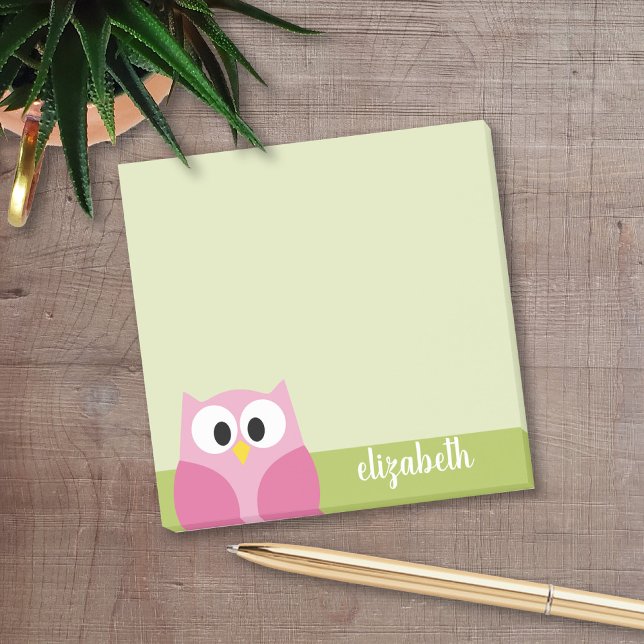 Post-it® Chouette caricaturale mignonne - rose et vert citr (Personalized Post It Notepads)