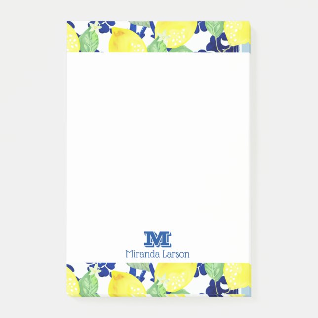 Post-it® Citrons vibrants de pays et monogramme floral bleu (Devant)