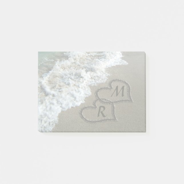 Post-it® Coeurs bloqués sur le sable de plage (Devant)