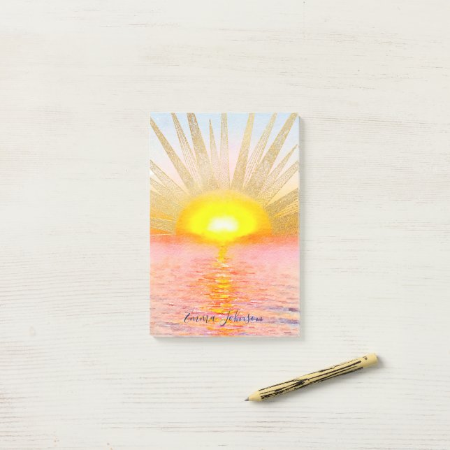 Post-it® Coucher d'or Soleil Mandala Aquarelle Mer (Sur un bureau)