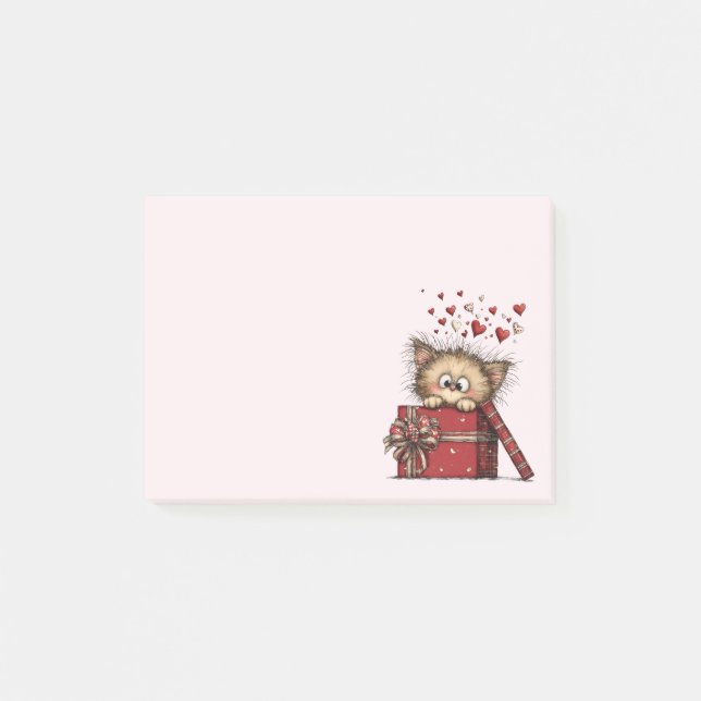 Post-it® Cute Cartoon Kitten in a Box with Hearts (Devant)