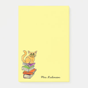 Post-it® Cute Chat sur Pile de Livre Nom de l'enseignant Ja