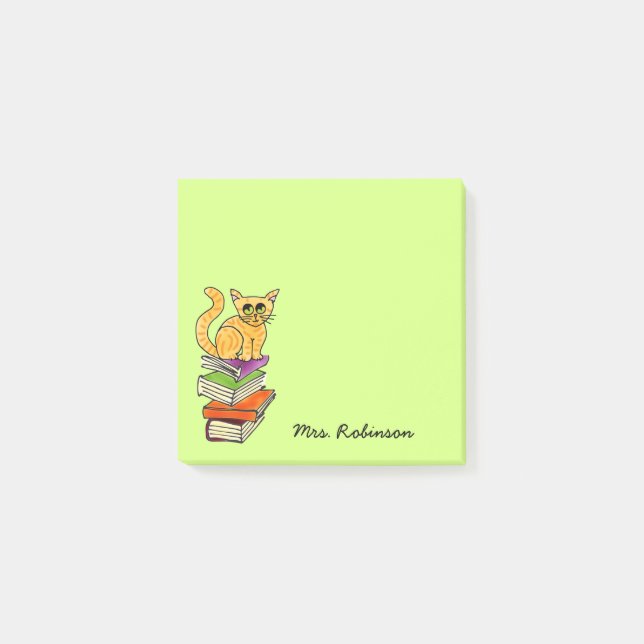 Post-it® Cute Chat sur Pile de Livre Nom de l'enseignant Ve (Devant)