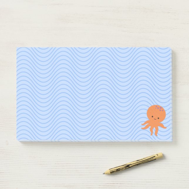 Post-it® Cute Octopus Cartoon Bleu Vagues Personnalisé (Sur un bureau)