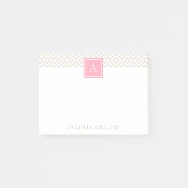 Post-it® Diamants beiges en lin et monogramme rose (Devant)