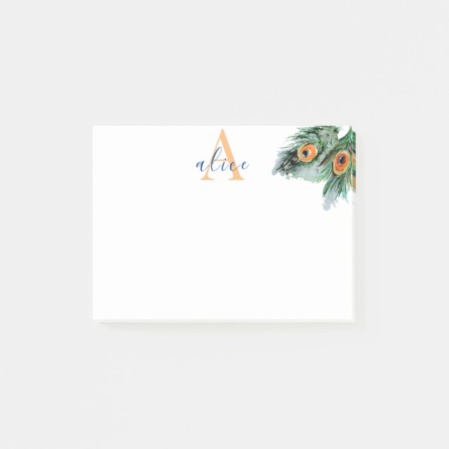 Post-it® Elégant aquarelle Peacock Pluvier Monogramme (Devant)