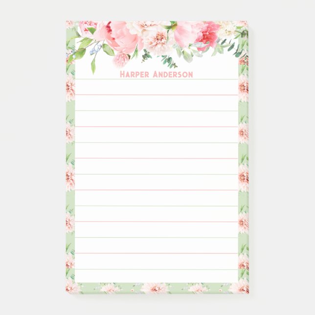Post-it® Élégant floral rose pâle | Nom du monogramme lié (Devant)