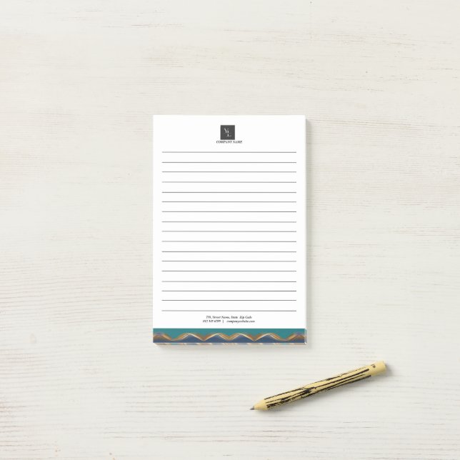Post-it® Élégant Gold Wave Blue Logo Turquoise Business (Sur un bureau)