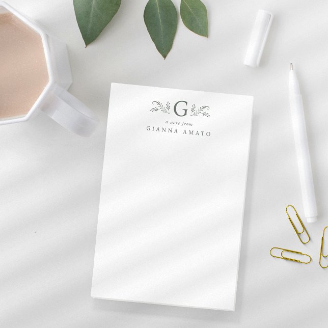 Post-it® Élégant Monogramme botanique vert et nom (Créateur téléchargé)