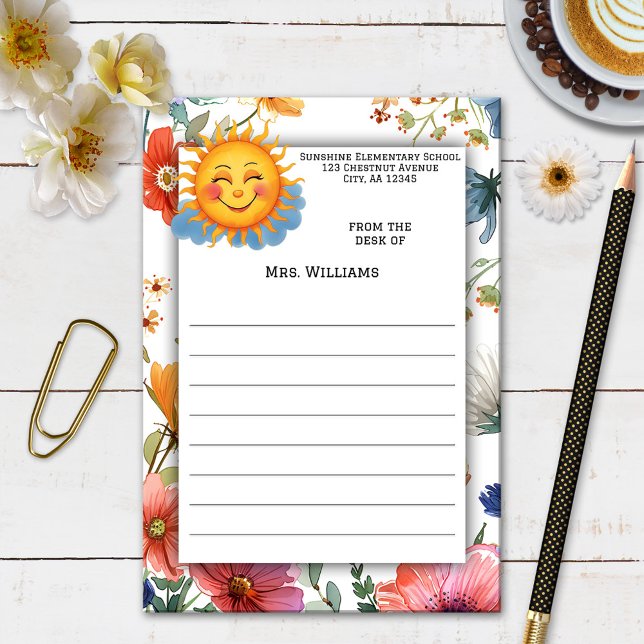Post-it® Enseignant Fleur sauvage Sunshine Watercolor (Post it notes featuring a cute design with a smiling sun on background of watercolor wildflowers)
