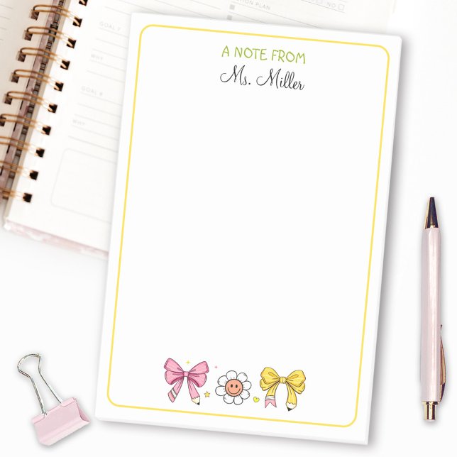 Post-it® Enseignant Retour À L'École Cute Bow Pencil Nom Ro (Teacher Back To School Cute Bow Pencil Pink Name Post-it Notes)