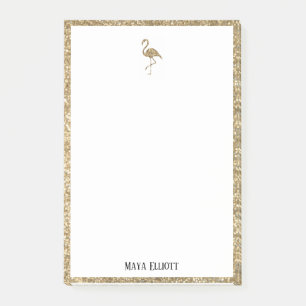 Post-it® Flamant rose et bordure avec nom, paillettes or et