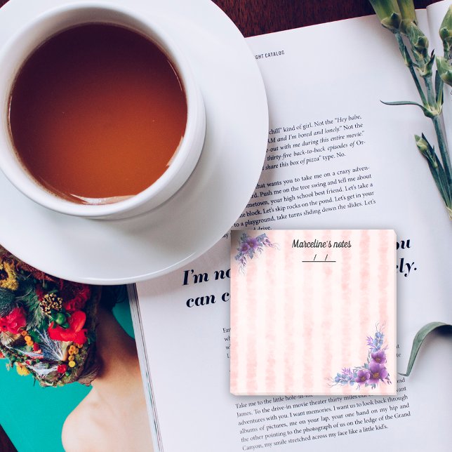 Post-it® Fleur violette feminine et rayures roses douces 3" (Créateur téléchargé)