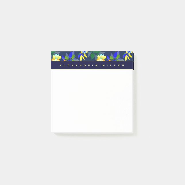 Post-it® Fleurs bleues et jaunes élégantes avec nom (Devant)