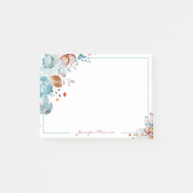 Post-it® Fleurs d'aquarelle bleu et rouge personnalisées (Devant)