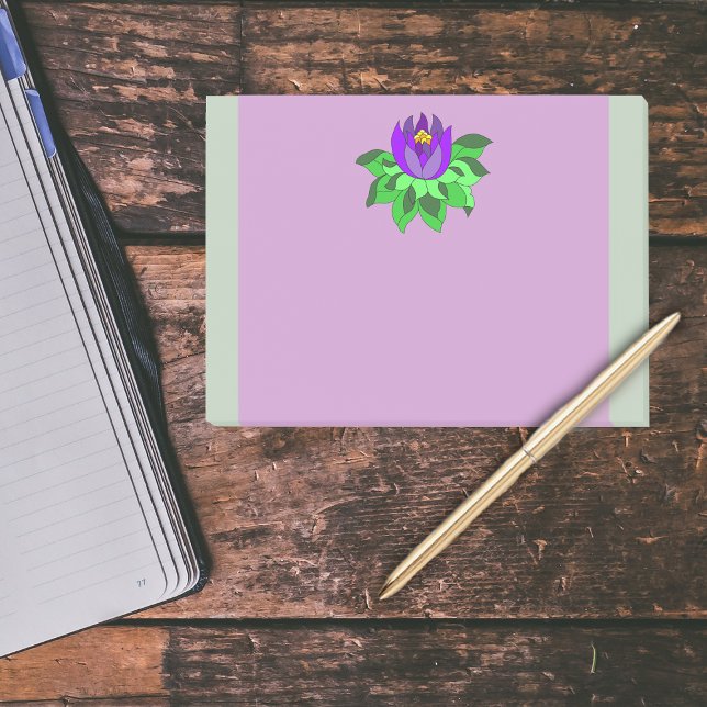 Post-it® Fleurs de lotus violet vibreuses (Big purple lotus flower green leaves on purple with pale green borders post it notes.)