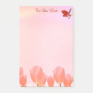 Post-it® Fleurs de tulipe rose corail & oiseau cardinal sur