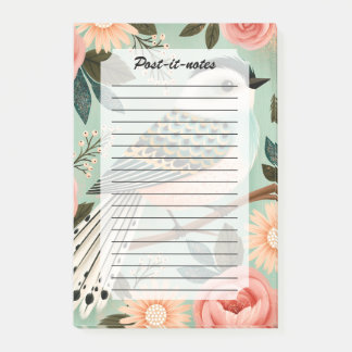 Post-it® Fleurs Roses Fantaisistes Oiseau Folklorique Vinta