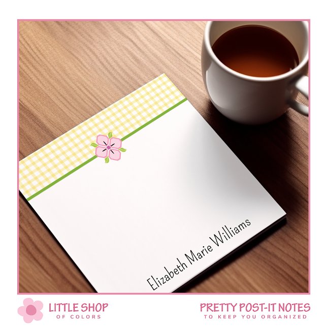 Post-it® Floral rose En vichy jaune Personnalisé (Créateur téléchargé)
