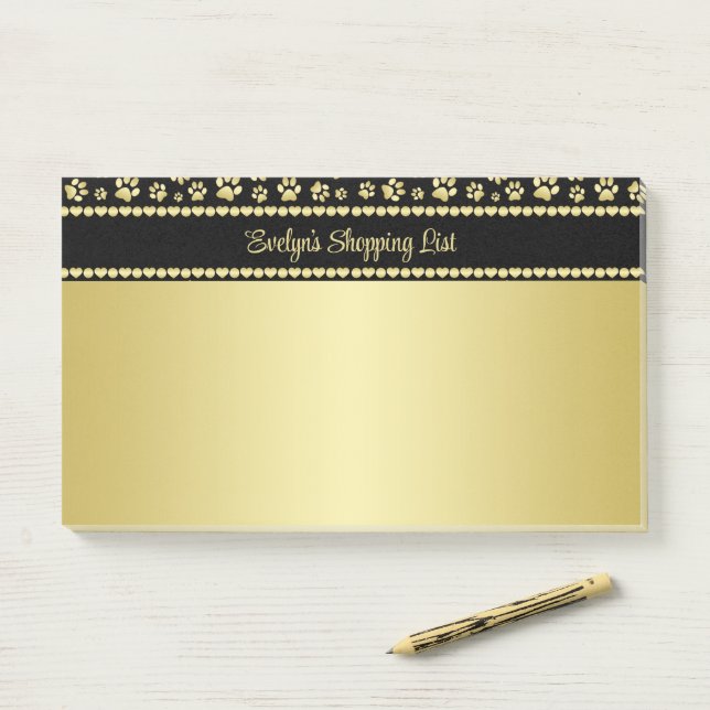 Post-it® Golden Paw Prints on Black with Custom Name (Sur un bureau)