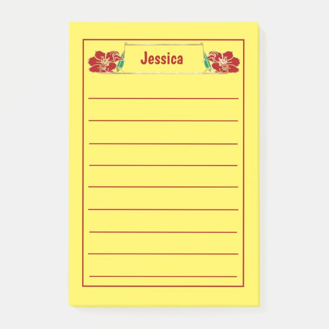 Post-it® Graphisme Floral Rouge Orné Or (Devant)