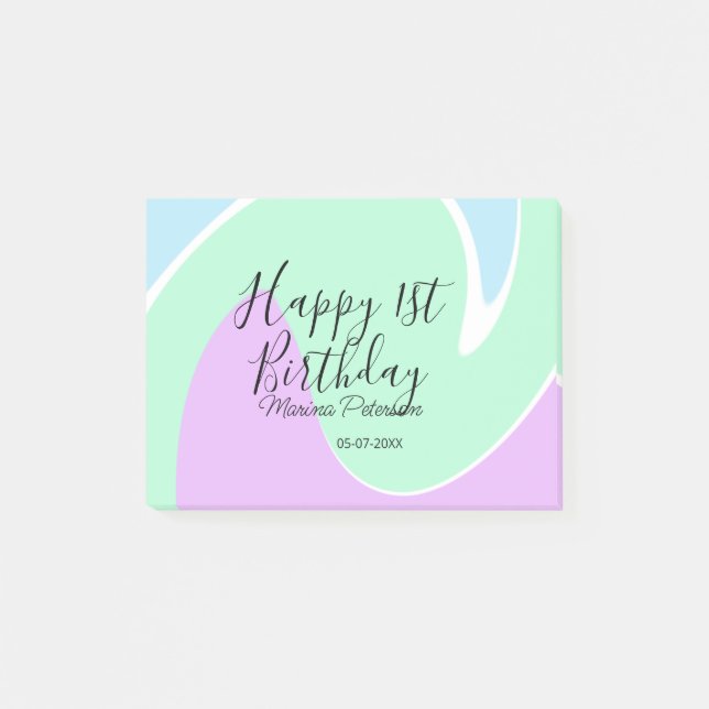Post-it® Happy 1st birthday pink green blue acrylic pour  (Devant)