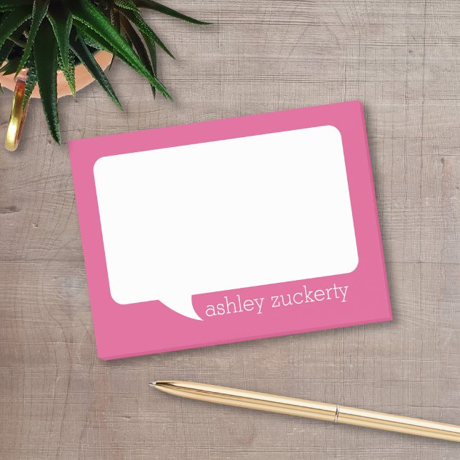 Post-it® Hot rose et blanc Talk bulle Nom personnalisé (A fun talk bubble design for a personalized post-it notepad. Add your name for a fun office gift.)