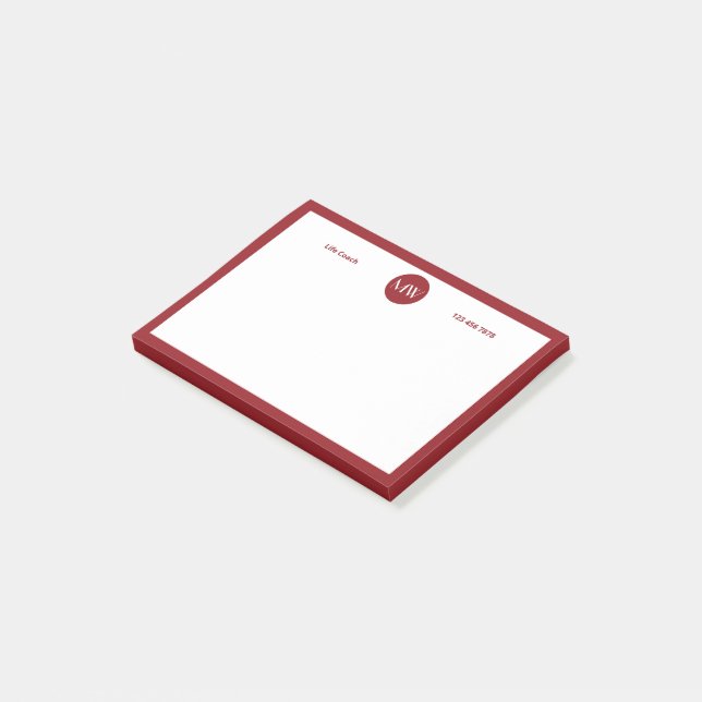 Post-it® Initiales personnalisées rouges et blanches et tél (Incliné)