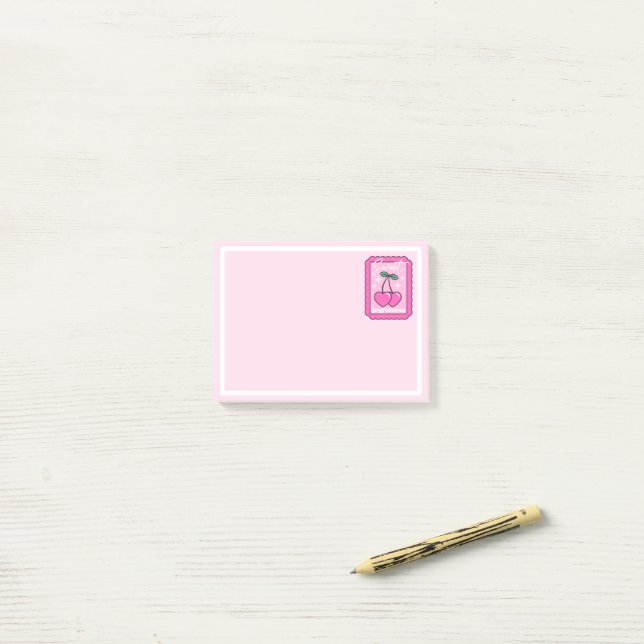 Post-it® Joie Douce Coeur de Cerise Timbre (Sur un bureau)