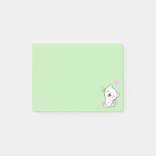 Post-it® Joli chat et cœur sur fond vert clair