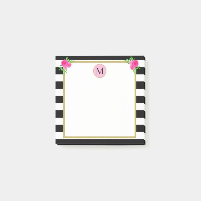 Post-it® Joli Fille Noir Blanc rayé Monogramme Floral (Devant)