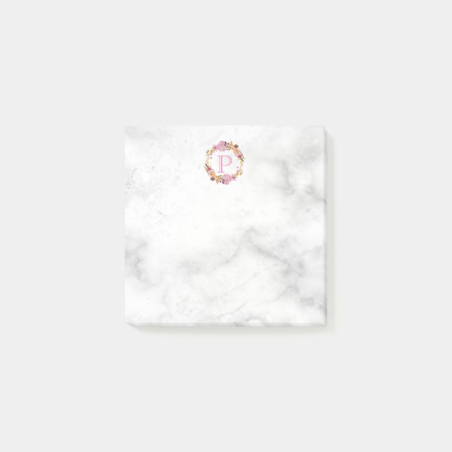 Post-it® Joli Monogramme de couronne de fleurs rose (Devant)