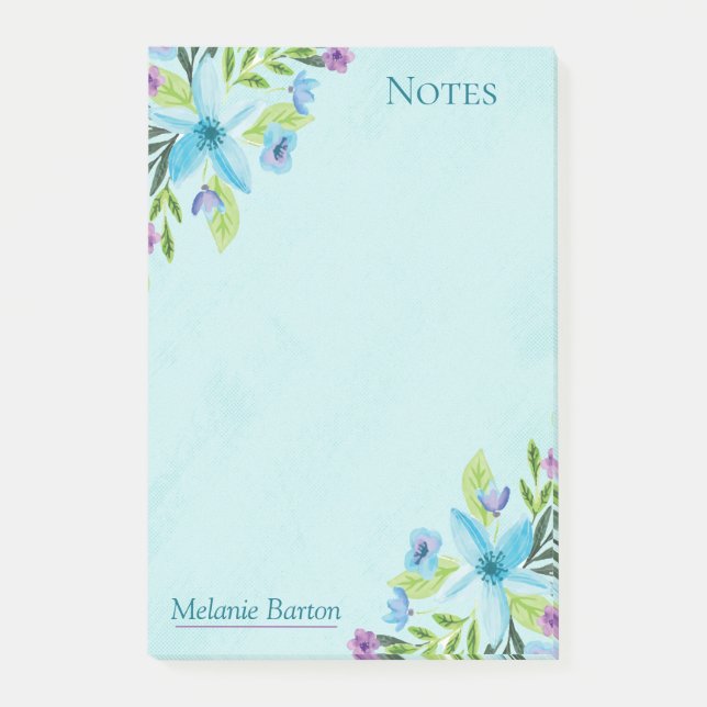 Post-it® Jolie aquarelle Bleu Floral Notes personnalisées (Devant)