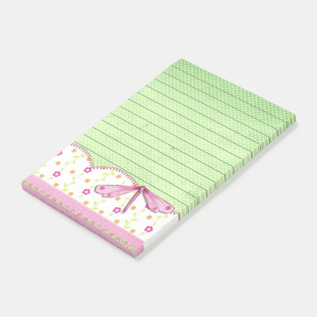 Post-it® Jolie floraison rose et verte avec libellule (Incliné)