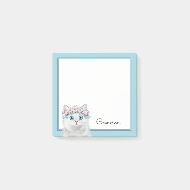 Post-it® Le chat floral blanc doux | ajoutent votre nom (Devant)