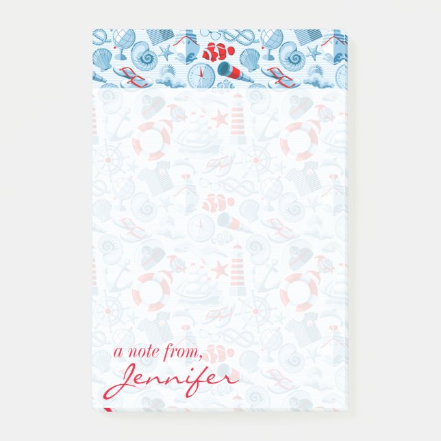 Post-it® Le motif blanc et bleu rouge nautique | ajoutent (Devant)