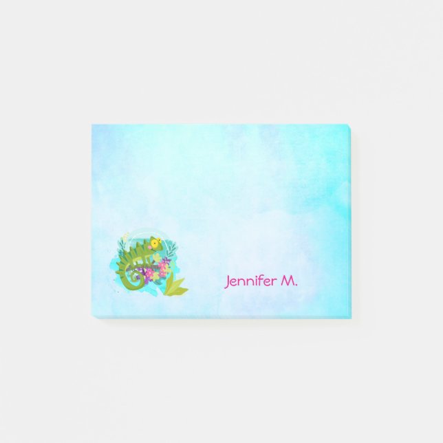 Post-it® Lizard tropical aux fleurs sur bleu turquoise (Devant)