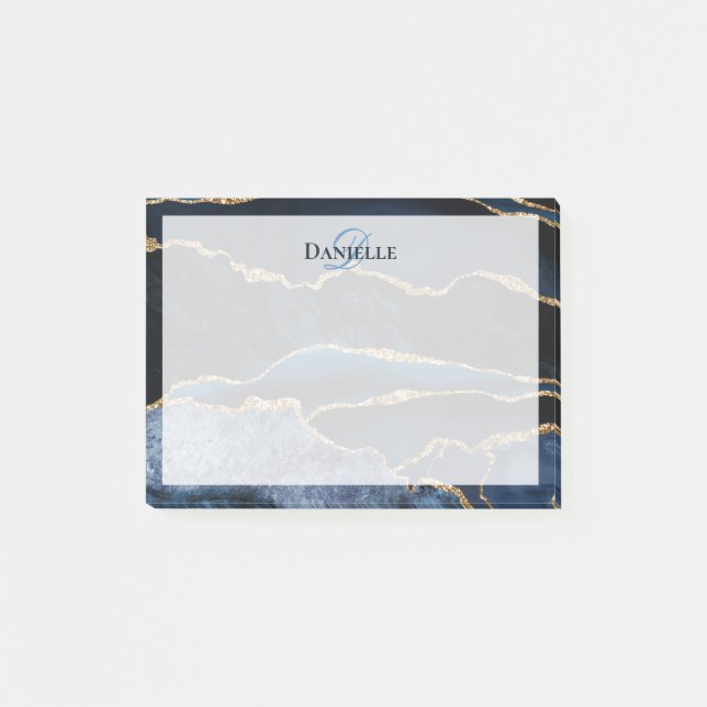 Post-it® Marine Blue Gold Agate Marbre Moderne Monogramme (Devant)