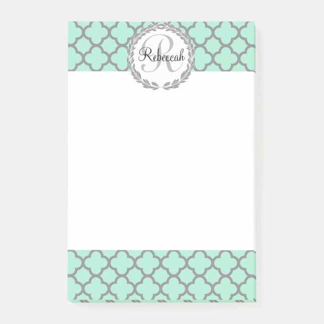 Post-it® Mint Green Grey Nom personnalisé Monogramme (Devant)