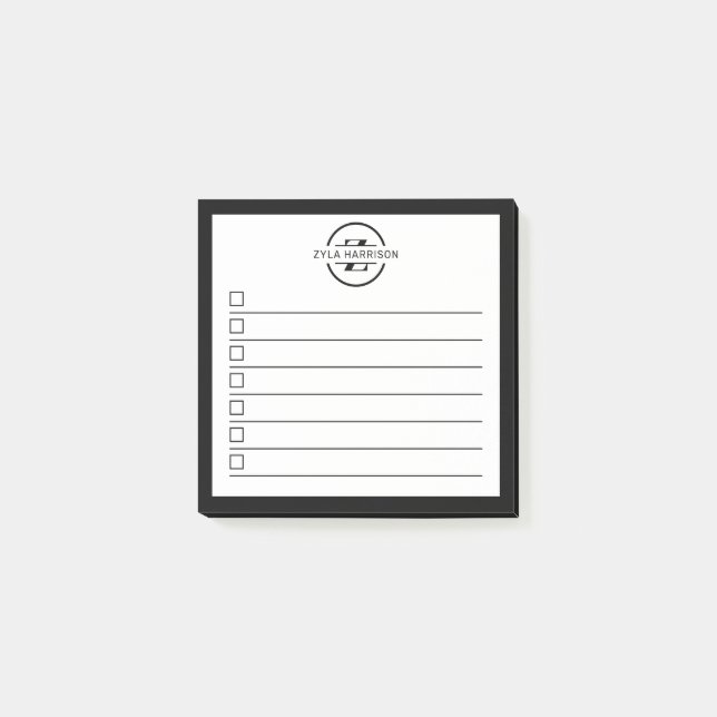 Post-it® Modern Black White Monogram Name To Do List (Devant)